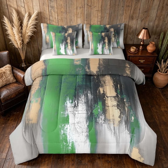 Manfei Abstract Brushstroke Queen Bedding, Green Black Gold Ombre Bedding Comforter Set Queen, Gray Reversible 7 Pieces