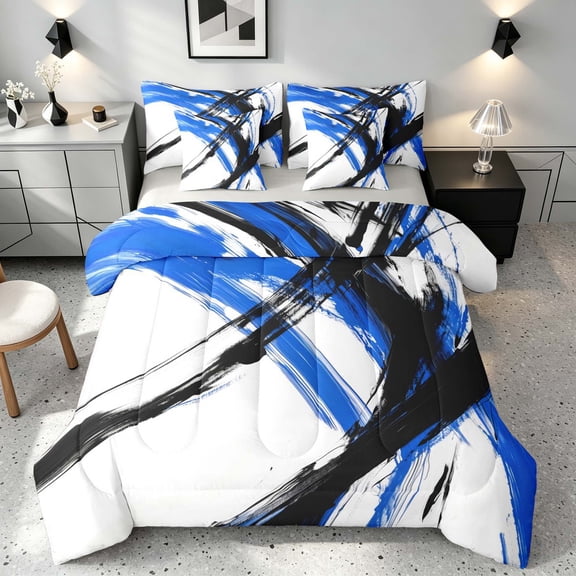 Manfei Abstract Brushstroke Queen Bedding, Watercolor Art Bedding Comforter Set Queen, Blue, Black and White, Gray Reversible 7pcs