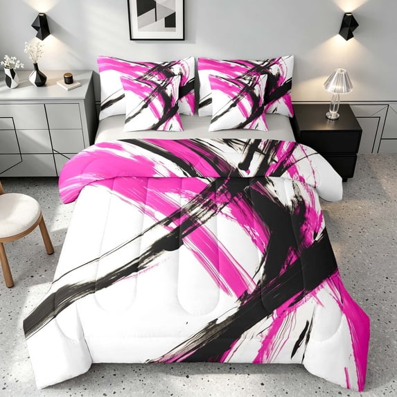 Manfei Abstract Brushstroke Queen Bedding, Watercolor Art Bedding Comforter Set Queen, Pink, Black and White, Gray Reversible 7pcs