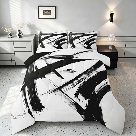 Manfei Abstract Brushstroke Queen Comforter Set, Black and White Comforter Sets Queen, Black Reversible 3-Piece, 1 Comforter and 2 Pillowcases