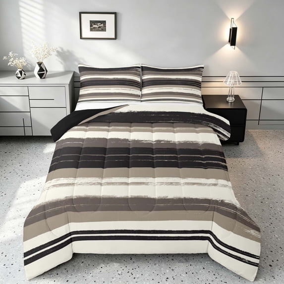 Manfei Abstract Brushstroke Stripe Full Size Comforter Sets, Neutral Tone Bedding Comforter Set, Beige Black, Black Reversible 3 Pieces, 1 Comforter and 2 Pillowcases