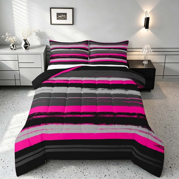 Manfei Abstract Brushstroke Stripe Queen Comforter Set, Neon Pink Gray Comforter Sets Queen, Pink Black Gray, Black Reversible 3pcs, 1 Comforter and 2 Pillowcases