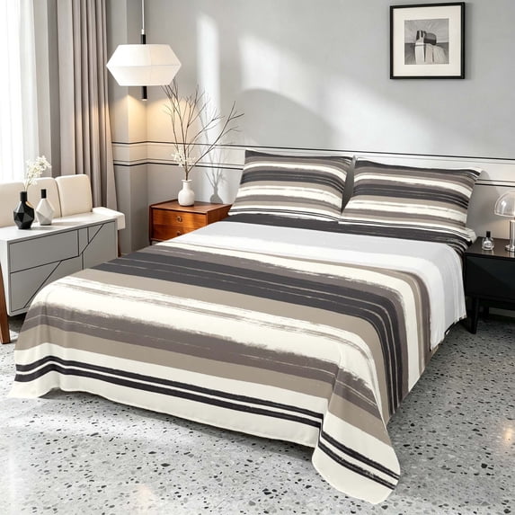 Manfei Abstract Brushstroke Stripe Queen Sheets, Neutral Tone Queen Sheet Sets, Beige Black, Black Reversible 4 Pieces1 Flat Sheet + 1 Fitted Sheet + 2 Pillowcases
