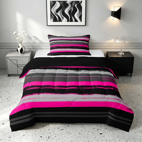 Manfei Abstract Brushstroke Stripe Twin Comforter Sets, Neon Pink Gray Bedding Set, Pink Black Gray, Black Reversible 2pcs, 1 Comforter and 1 Pillowcase