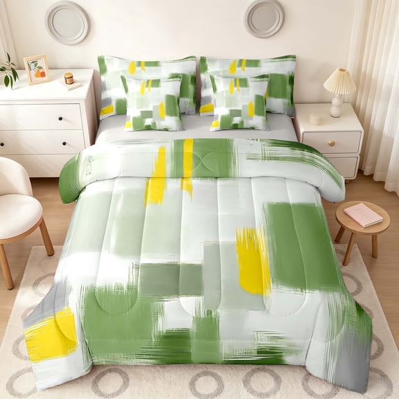 Manfei Abstract Brushstroke Twin Bedding, Green Yellow Plaid Bedding Comforter Set, Green Yellow, Gray Reversible 7pcs