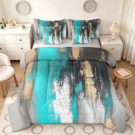 Manfei Abstract Brushstroke Twin Bedding, Teal Black Gold Ombre Bedding Comforter Set, Gray Reversible 7pcs
