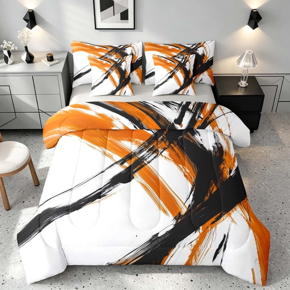 Manfei Abstract Brushstroke Twin Bedding, Watercolor Art Bedding Comforter Set, Orange, Black and White, Gray Reversible 7 Pieces
