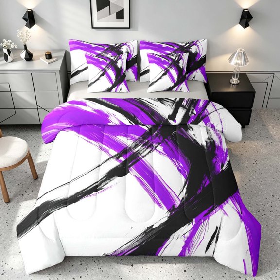 Manfei Abstract Brushstroke Twin Bedding, Watercolor Art Bedding Comforter Set, Purple, Black and White, Gray Reversible 7-Piece