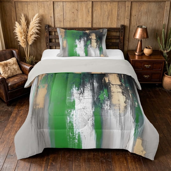 Manfei Abstract Brushstroke Twin Comforter Sets, Green Black Gold Ombre Bedding Set, Gray Reversible 2pcs, 1 Comforter and 1 Pillowcase