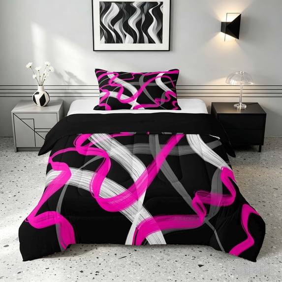 Manfei Abstract Brushstroke Twin Comforter Sets, Pink White Gray Bedding Set, Black Reversible 2pcs, 1 Comforter and 1 Pillowcase
