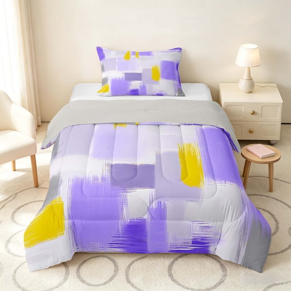 Manfei Abstract Brushstroke Twin Comforter Sets, Purple Yellow Plaid Bedding Set, Purple Yellow, Gray Reversible 2 Pieces, 1 Comforter and 1 Pillowcase