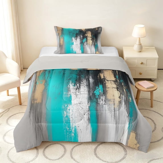 Manfei Abstract Brushstroke Twin Comforter Sets, Teal Black Gold Ombre Bedding Set, Gray Reversible 2-Piece, 1 Comforter and 1 Pillowcase