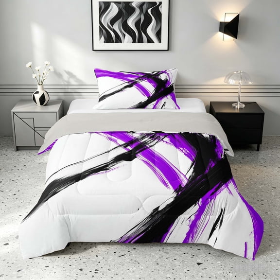 Manfei Abstract Brushstroke Twin Comforter Sets, Watercolor Art Bedding Set, Purple, Black and White, Gray Reversible 2 Pieces, 1 Comforter and 1 Pillowcase