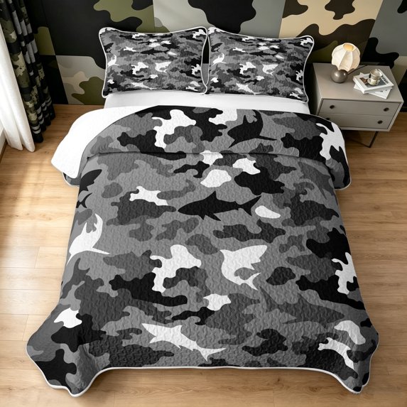 Manfei Abstract Camo Shark Bed Spread Queen, Rustic Mosaic Queen Coverlet Set, Dark Gray, 3pcs, 1 Quilt and 2 Pillowcases