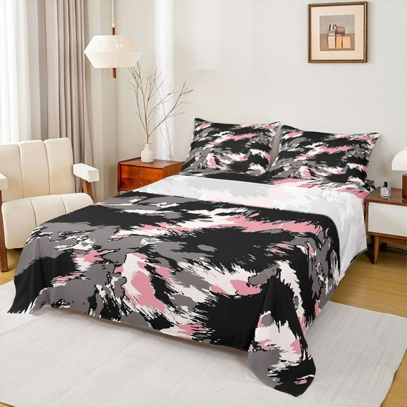 Manfei Abstract Camouflage 3pcs Twin Sheet Sets for Boys Girls,Graffiti Splash Twin Fitted Sheet,Vintage Aesthetic Breathable Flat Sheet,Microfiber Bedroom Decor