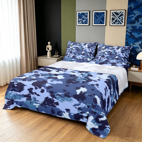 Manfei Abstract Camouflage Bed Sheets, Vintage Camo Full Size Sheets, Ocean Blue, 4 Pieces, 1 Flat Sheet, 1 Fitted Sheet and 2 Pillowcases