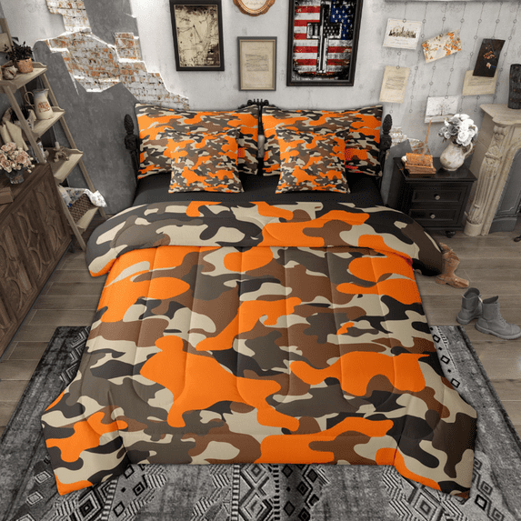 Manfei Abstract Camouflage Bedding Comforter Set 7 Pieces, Orange Brown Camo Queen Bedding Sets, Military Patriotic Theme Queen Sheet Sets, Lightweight Room Decor