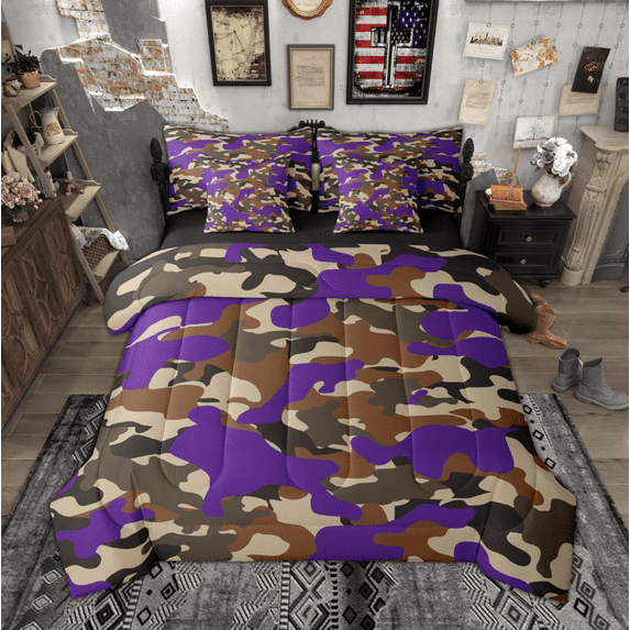 Manfei Abstract Camouflage Bedding Comforter Set 7 Pieces, Purple Brown Camo Queen Bedding Sets, Military Patriotic Theme Queen Sheet Sets, Breathable Home Decor