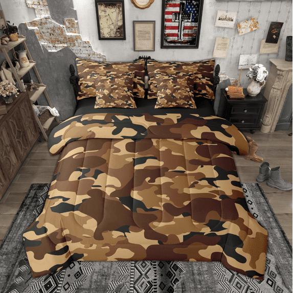 Manfei Abstract Camouflage Bedding Comforter Set 7pcs, Brown Camo Full Bedding Set, Military Patriotic Theme Fitted Sheet Flat Sheet, Ultra Soft Home Decor