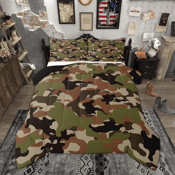 Manfei Abstract Camouflage Bedding Comforter Set, Green Brown Camo Twin Comforter Sets, Military Patriotic Theme Bedding Set, Super Cozy Room Decor Reversible 2 Pieces