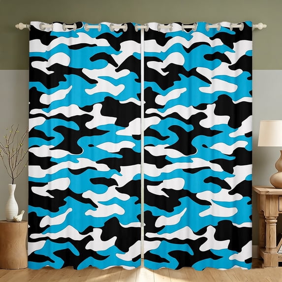 Manfei Abstract Camouflage Blackout Curtains, Contemporary Art Camo Window Curtains Pack of 2 (38x45 Each), Steel Blue