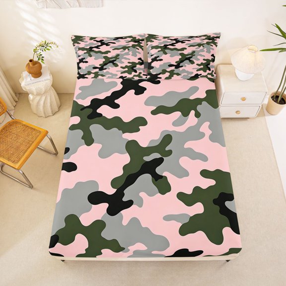 Manfei Abstract Camouflage Fitted Sheet Full, Mid Century Camo Bed Set, Pink Olive, 3 Pieces, 1 Fitted Sheet and 2 Pillowcases