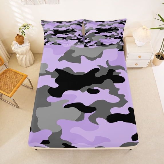 Manfei Abstract Camouflage Fitted Sheet Full, Vintage Camo Bed Set, Black Plum, 3 Pieces, 1 Fitted Sheet and 2 Pillowcases