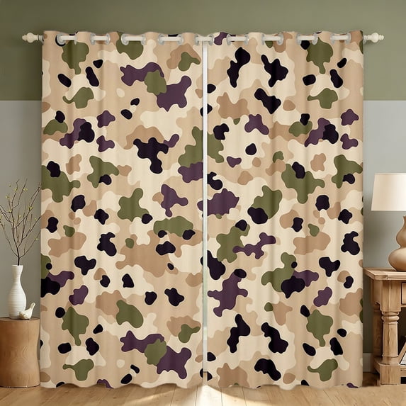 Manfei Abstract Camouflage Kitchen Curtains, Contemporary Art Mosaic Black Out Curtains Pack of 2 (42x63 Each), Wheat