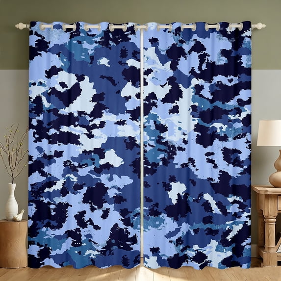 Manfei Abstract Camouflage Kitchen Curtains, Vintage Camo Black Out Curtains Pack of 2 (42x63 Each), Ocean Blue