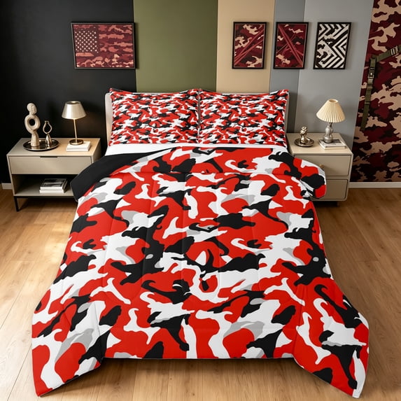 Manfei Abstract Camouflage Queen Comforter Set, Countryside Camo Comforter Sets Queen, Crimson Red, Black Reversible, 3 Pieces, 1 Comforter and 2 Pillowcases
