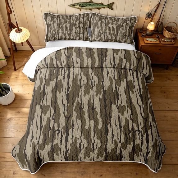 Manfei Abstract Camouflage Quilt Full, Mid Century Camo Full Bedspread Sets, Coyote Brown, 3 Pieces, 1 Coverlet and 2 Pillowcases