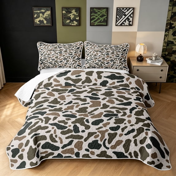 Manfei Abstract Camouflage Quilt Full, Polkadot Camo Full Bedspread Sets, Coyote Brown, 3 Pieces, 1 Coverlet and 2 Pillowcases