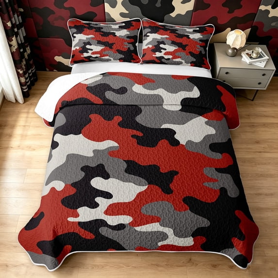 Manfei Abstract Camouflage Quilt King, Vintage Camo King Coverlet Set, Crimson Red, 3-Piece, 1 Bedspread and 2 Pillowcases