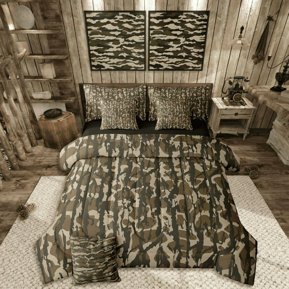 Manfei Abstract Camouflage Twin Bedding Set 7-Piece, Geometric Camo Comforter Microfiber, Green