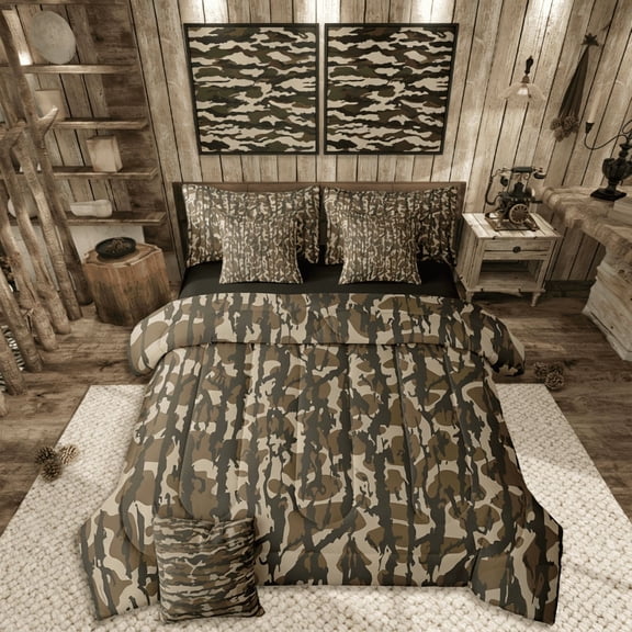 Manfei Abstract Camouflage Twin Bedding Sets 7-Piece,Geometric Camo Bedding Comforter Set Microfiber,Vintage Aesthetic Breathable Sheet Sets,Ultra Soft Teenager Bedroom Decor