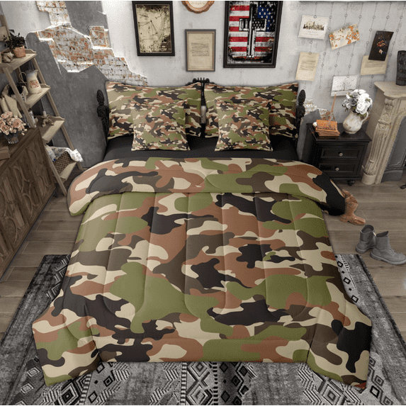 Manfei Abstract Camouflage Twin Bedding Sets 7pcs, Green Brown Camo Bedding Comforter Set, Military Patriotic Theme Sheet Sets, Super Cozy Room Decor