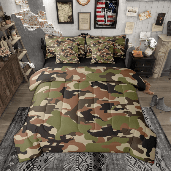 Manfei Abstract Camouflage Twin Bedding Sets 7pcs, Green Brown Camo Bedding Comforter Set, Military Patriotic Theme Sheet Sets, Super Cozy Room Decor