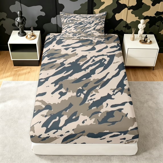 Manfei Abstract Camouflage Twin Fitted Sheet, Vintage Camo Bedding, Pebble Gray, 2 Pieces, 1 Fitted Sheet and 1 Pillowcase