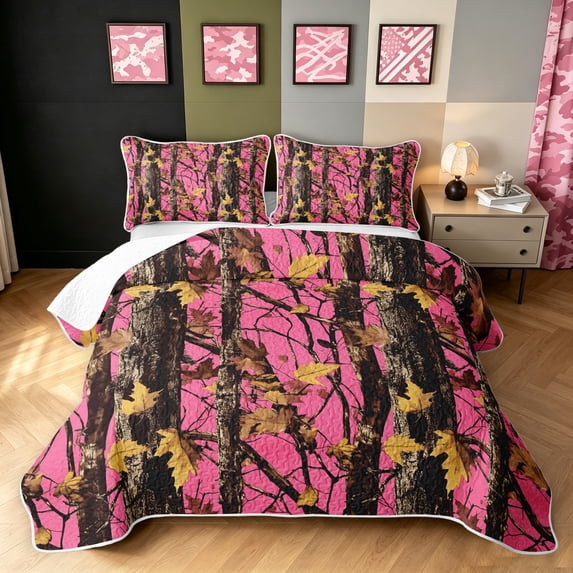 Manfei Abstract Camouflage Twin Quilt Set, Countryside Camo Twin Coverlet Set, Hot Pink, 2 Pieces, 1 Bedspread and 1 Pillowcase