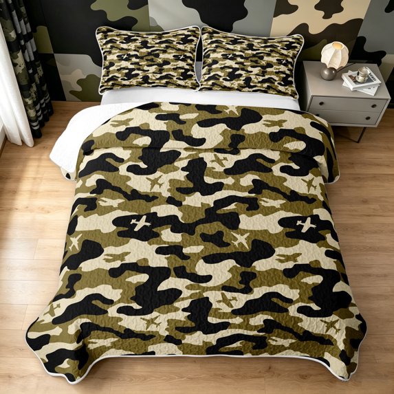Manfei Abstract Camouflage Twin Quilt Set, Old Fashion Camo Twin Coverlet Set, Olive Green, 2 Pieces, 1 Bedspread and 1 Pillowcase