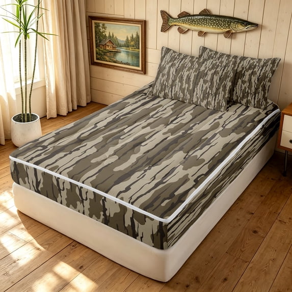 Manfei Abstract Camouflage Zipper Full Size Comforter Sets with Fitted Sheet and 2 Pillowcases, Mid Century Camo Zipper Bedding Set, Coyote Brown, Black Reversible, 4 Pieces