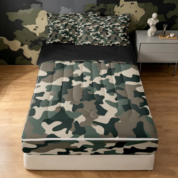 Manfei Abstract Camouflage Zipper Full Size Comforter Sets with Fitted Sheet and 2 Pillowcases, Old Fashion Camo Zipper Bedding Set, Camo Multi, Black Reversible, 4 Pieces