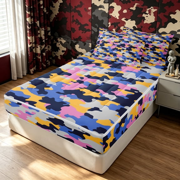 Manfei Abstract Camouflage Zipper Twin Comforter Sets with Fitted Sheet and 2 Pillowcases, Countryside Camo Zipper Bedding Set, Navy Pink, Gray Reversible, 4 Pieces