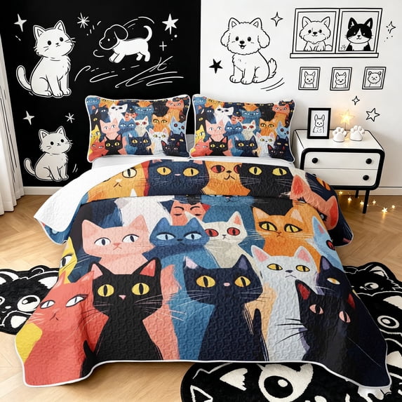 Manfei Abstract Cartoon Cat Quilt Full, Vivid Kitten Full Bedspread Sets, Multicolor, 3pcs, 1 Coverlet and 2 Pillowcases