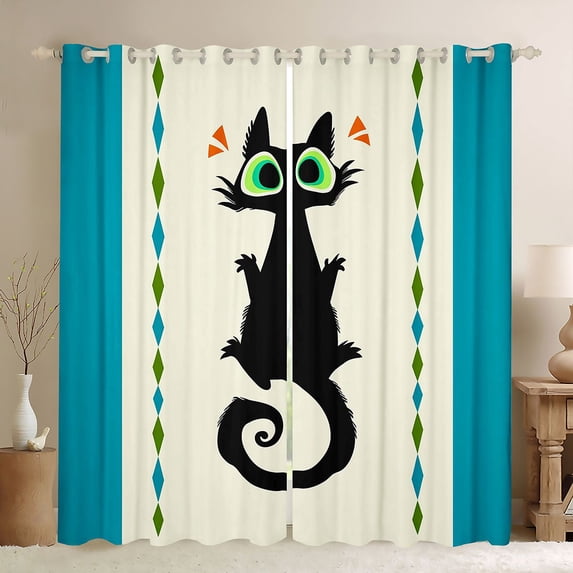Manfei Abstract Cat Blackout Curtains, Bohemian Kitten Window Curtains Pack of 2 (38x45 Each), Cream Teal