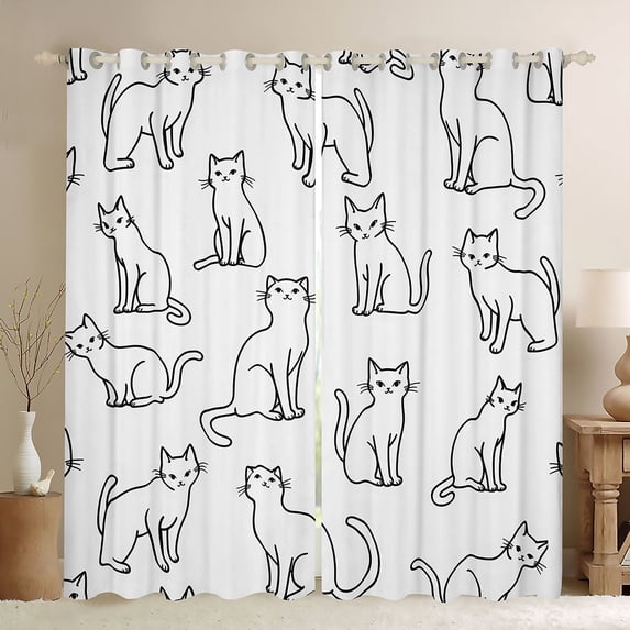 Manfei Abstract Cat Line Blackout Curtains, Simple Minimalist Kitten Curtains Pack of 2 (42x84 Each), White Black