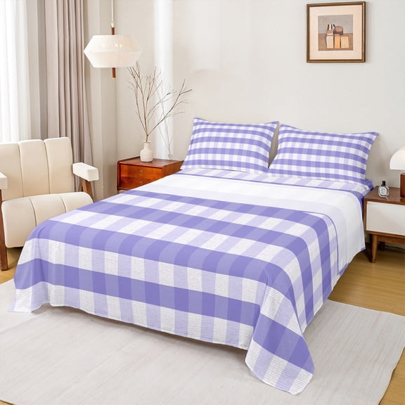 Manfei Abstract Checkered 3pcs Twin Sheet Sets for Boys Girls,Geometric Stripes Plaid Twin Fitted Sheet,Retro Vintage Style Breathable Flat Sheet,Microfiber Bedroom Decor