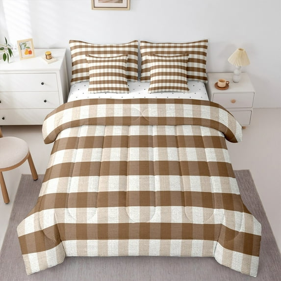 Manfei Abstract Checkered 7-Piece Bedding Comforter Set for Boys Girls,Geometric Stripes Plaid King Bedding Sets,Retro Vintage Style Ultra Soft Bed Sheets,Microfiber Bedroom Decor,Reversible