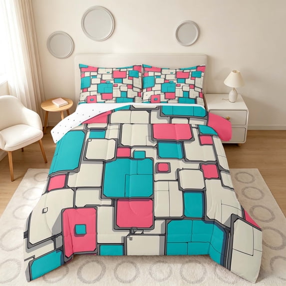 Manfei Abstract Checkered Queen Comforter Set, Modern Plaid Comforter Sets Queen, Pink Cyan, Reversible 3-Piece, 1 Comforter and 2 Pillowcases