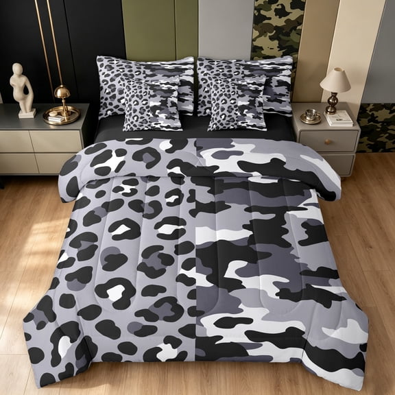 Manfei Abstract Cheetah Camo Full Size Bedding Sets, Vintage Animal Print Full Size Bed in a Bag, Black Gray, Black Reversible, 7 Pieces